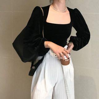 Square-Neck Velvet Blouse Black by Maisee