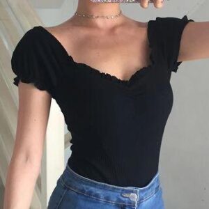 Short-Sleeve Frill Trim Ribbed T-Shirt White 102417988