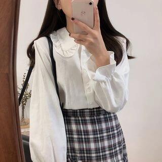 Long-Sleeve Peter Pan Collar Frilled Blouse Coffee by Mikiko