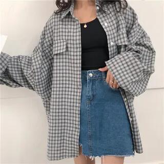 Oversized Lantern-Sleeve Plaid Shirt Khaki by Hevnir