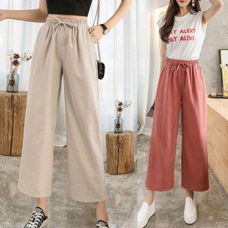 Drawstring Linen Cotton Wide-Leg Crop Pants Light Khaki by Seoul Crush