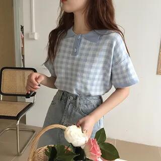 Short-Sleeve Plaid Polo Shirt Baby Blue by Yako