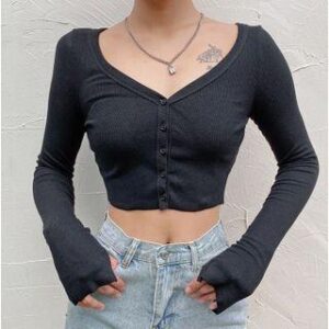 V-Neck Ribbed Button-Up Cropped Cardigan Black 116019013