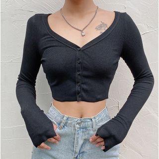 V-Neck Ribbed Button-Up Cropped Cardigan Black by Honet