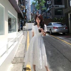 Eyelet Lace Short-Sleeve Midi A-Line Dress White 116019381