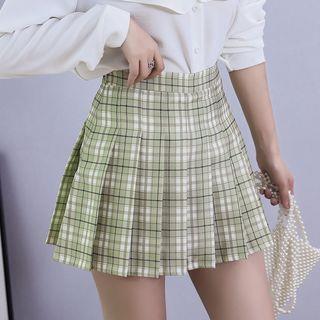High Waist Pleated Plaid Skirt with Inset Shorts Yellowish Green by Ukiyo