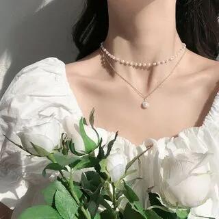 Faux Pearl Pendant Double-Layered Necklace Gold | Rodiv by Rodiv