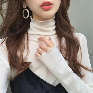 Turtleneck Long-Sleeve Mesh Top Almond by Happo