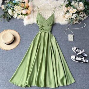Spaghetti Strap Silky Midi A-Line Dress Light Green 117740064