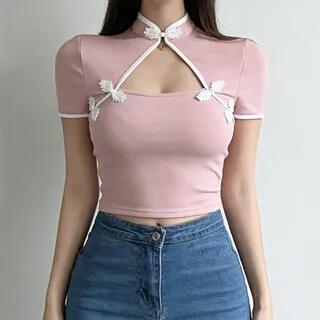 Short-Sleeve Frog-Button Knit Top Pink by Strawolf
