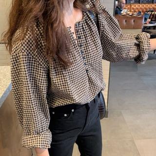 Long-Sleeve Collar-Neck Plaid Blouse Plaid by HYAKU