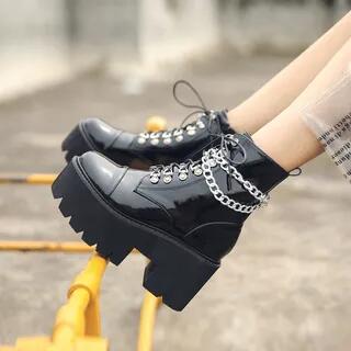 Combat Platform Boots with Chain Black by Anran