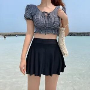 Set: Checked Short-Sleeved Swim Top + Swim Skirt As Shown In Figure 121167318
