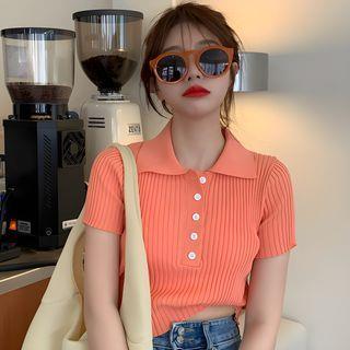 Short-Sleeve Knit Crop Polo Shirt Green by Duwnie