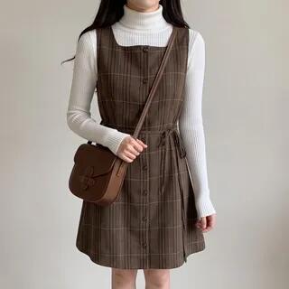 Sleeveless Plaid Button Mini Tank Dress Dress - Plaid - Brown by MIKIGA