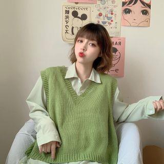 Oversized Knit Vest / Plain Oversized Shirt Vest - Green by Sisyphi