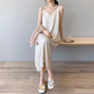 Spaghetti Strap Satin Midi Shift Dress Almond by Daybreak