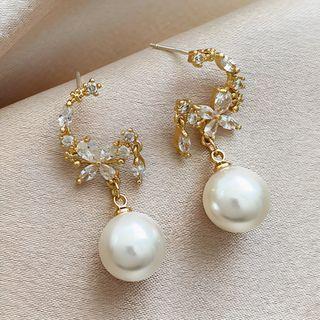 Rhinestone & Faux Pearl Drop Earring 1 Pair - Gold Plating - As Shown In Figure by Betsuno