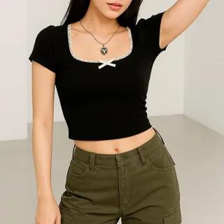 Square Neckline Lace Bow Short-Sleeve Top White by Strawolf