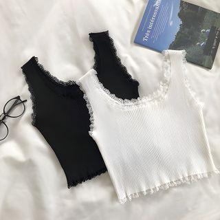 Round Neck Lace-Trim Tank Top Black by DIYI