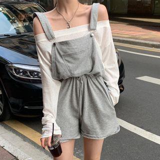 Long-Sleeve Boatneck Top / Drawcord-Waist Romper Top - White by KUMI