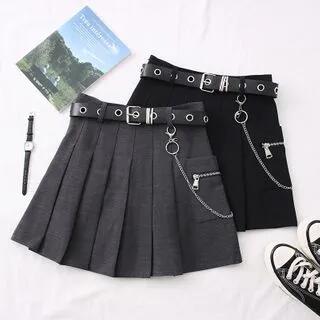 Pleated High-Waist Mini Skirt with Belt & Chain Gray by DIYI