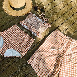 Couple Matching Two-Piece Swimsuit / Swim Shorts Men - Swim Shorts - Gingham - Brown & White by CUCURBIT