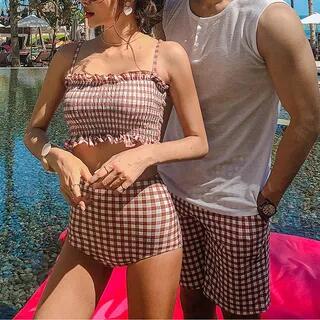 Couple Matching Two-Piece Swimsuit / Swim Shorts Women - Swimsuit - Gingham - Brown & White by CUCURBIT