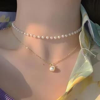 Faux Pearl Double-Layered Necklace 1 Pc - Double Layers - Gold by Chimerro