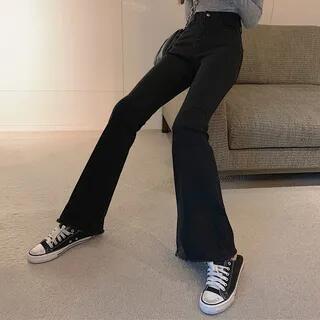 High Waist Washed Flared Jeans Black by Moon City