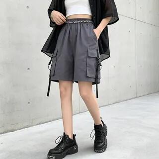 Mid Rise Buckled Cargo Shorts Black by Porstina