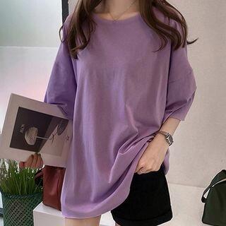 Elbow-Sleeve Plain T-Shirt Purple by CRIBI