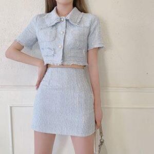 Tweed Short-Sleeve Crop Top / High-Waist Slim-Fit Skirt Skirt - As Figure 126571684