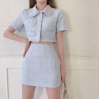 Tweed Short-Sleeve Crop Top / High-Waist Slim-Fit Skirt Top - As Figure by Alfie