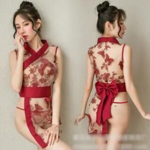 Mesh Kimono Lingerie Costume Set Red 129266981