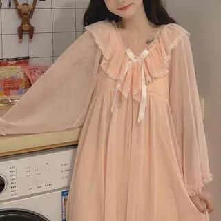 Long-Sleeve Lace Trim Nightgown White by Ukiyo