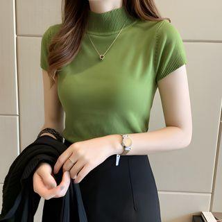 Mock-Neck Short-Sleeve Knit Top Brick Red by Moon City