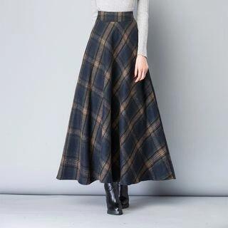 High Waist Maxi A-Line Skirt Dark Gray Plaid by Lewwe