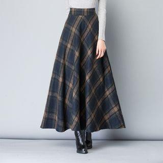 High Waist Maxi A-Line Skirt Dark Blue Plaid by Lewwe