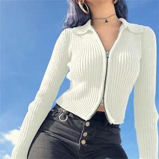 Ribbed Knit Zip-Up Cardigan Blue by Rosesand