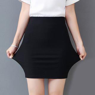 Elastic-Waist Plain Sheath Mini Skirt White by Wildery