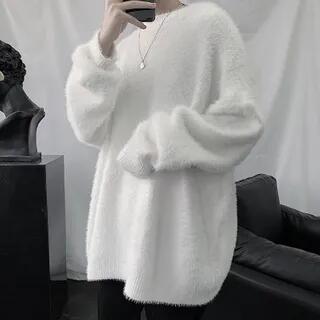 Long-Sleeve Round Neck Plain Knit Top White by Wescosso