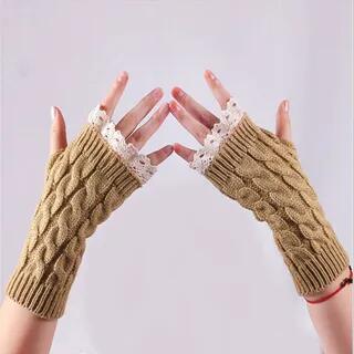 Lace-Trimmed Cable Knit Fingerless Gloves Light Gray by Kinoxslone
