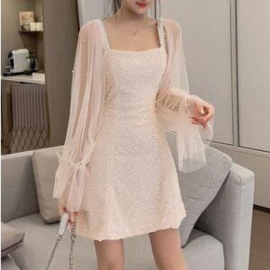 Long Sleeve Square Neck Mesh Panel Mini A-Line Dress Pink 131838603