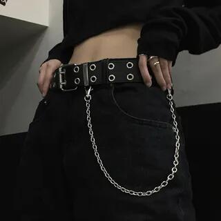 Faux Leather Grommet Belt With Waist Chain Without Chain - Black - 100cm by pexrl jewelry