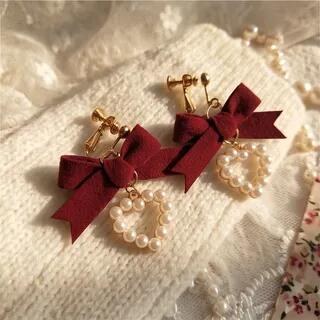 Faux Pearl Bow Drop Earring 1 Pair - Wine Red Clip On Earring | Jael by Jael