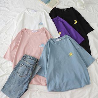 Elbow-Sleeve Embroidered T-Shirt White by Annyoung