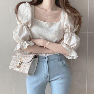 Elbow-Sleeve Square Neck Blouse Almond by Happo