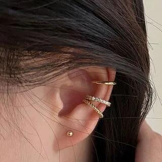 925 Sterling Silver Rhinestone Cuff Earring Set of 3 - Gold | Hansha by Hansha