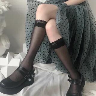Lace Trim Knee-High Socks Black by Whychunga